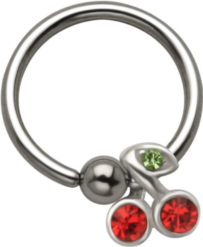 Sliding CZ Gem Cherries .925 Sterling Silver Captive Bead Ring Jewelry