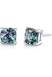 14 Karat White Gold Cushion Cut 2.50 Carats Created Alexandrite Stud Earrings
