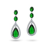 Bling Jewelry Emerald Green Color CZ Silver Oval Teardrop Dangle Chandelier Earrings
