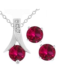 2.40 Ct Round Created Ruby .925 Silver Pendant and Earrings Set 18" Chain