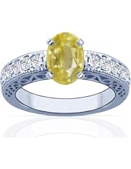 14K White Gold Oval Cut Yellow Sapphire Ring With Sidestones
