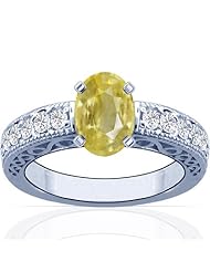 18K White Gold Oval Cut Yellow Sapphire Ring With Sidestones