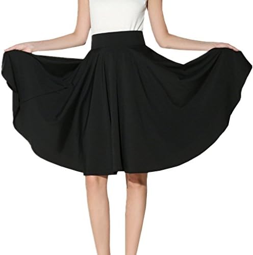 XINUO Women Summer Skirts Knee Length 360° Big Swing Skater Party Full Midi Skirt (US12=XL,Black)