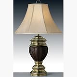 Transitional 32 Satin Antique Brass w/Bomber Jacket Brown Woven Leather Table Lamp with Hand sewn bell shaped shantung stretched silk shade, (FREE SHIPPING)