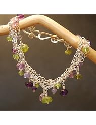 Amethyst, Peridot Cluster Bracelet on Multi-Chain, Choice of 14k Gold or Sterling Silver