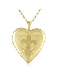 Milgrain Edged Fleur De Lis Design Heart Pendant Necklace With Chain For Women 14K Gold Vermile