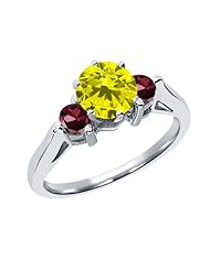 0.73 Ct Round Canary Diamond Red Rhodolite Garnet 18K White Gold 3-Stone Ring