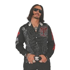 Rebel Spirit Black Button Front Embroidered Red Eagle Insignia Rocker Shirt Medium - XXL