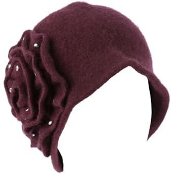 100% Wool Winter Cloche Crushable Foldable Bucket Big Flower Church Hat Purple