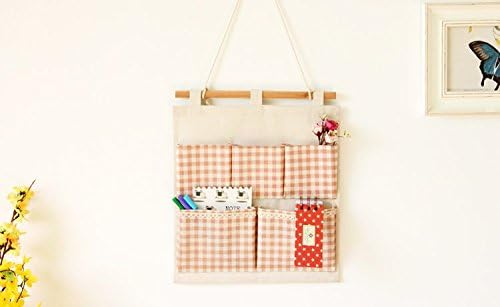 Retro Towel Cotton/Linen Fabric Wall Hanging Organizer Hanging Storage Bag (Pink,13.817.7In)