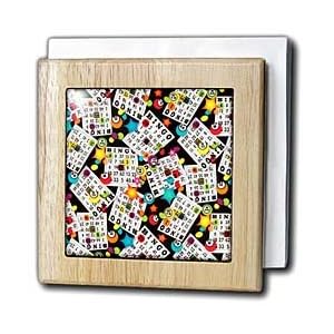 Colorful Bingo Chips and Cards on Black - 6 Inch Tile Napkin Holder by 