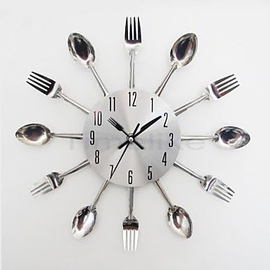 QQI Cool Stylish Modern Design Wall Clock Silver Kitchen Cutlery Utensil Vintage Design Wall Clock Spoon Fork Home Decor