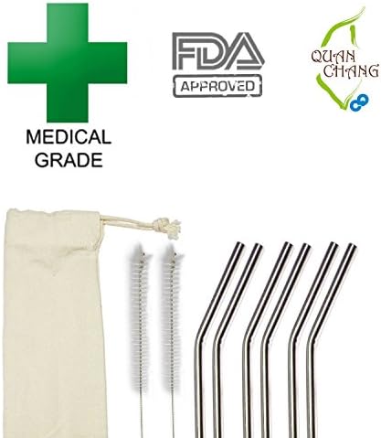 FlyStone QCTW Stainless Steel Drinking Straws, Set of 6 Bent Straws Made From Top Medical Grade Material + 2 Cleaning Brushes + Carrying Pouch , Comes with FlyStone Silicone Coaster.