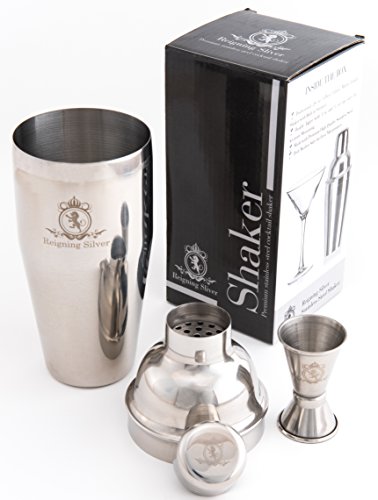 Premium Quality Professional 3-Piece 24oz / 180 Recipes / Stainless Steel Martini and Cocktail Shaker SET / Built in Strainer & Jigger / at Home Bar Ware Set / Bartender Tool / Liquor Mixer