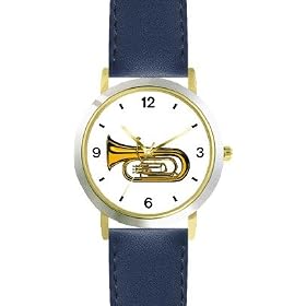 Tenor Horn, Euphonium or Tuba Musical Instrument - Music Theme - WATCHBUDDY� DELUXE TWO-TONE THEME WATCH - Arabic Numbers - Blue Leather Strap-Size-Women's Size-Small