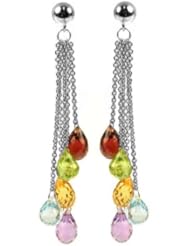 14k White Gold, Colorful Strands Dangling Drop Earring Lab Created Gems