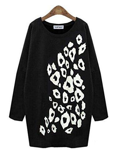 カットソー Tシャツ ラウンドネック 大きい サイズ 有 ヒョウ 柄 プリント 長 袖 トップス チュニック シンプル アニマル 豹 黒 (オリジナル・ブレスレットとサシェセット)