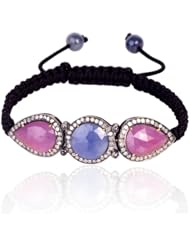 Diamond Pave Multi Sapphire Charm .925 Sterling Silver Handmade Macrame Cord Bracelet