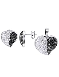 Sterling Silver CZ with Black Onyx Pave Settings Heart Earrings and Pendant Set
