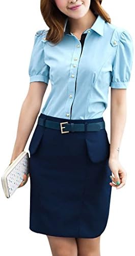 Vshop-2000 Women Point Collar Short Sleeve Front Button Closure Summer Shirt