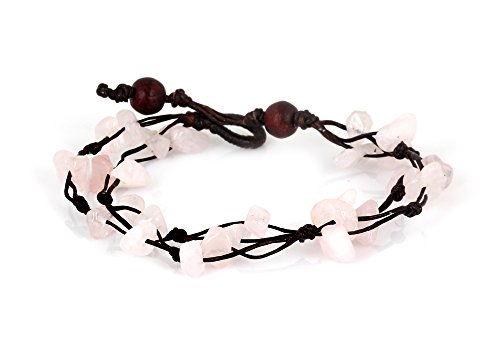 MGD, Light Pink Rose Quartz Color Bead Bracelet, 2-strand. Beautiful Handmade Stone Wrap Bracelet made from wax cord. Fashion Jewelry for Women, Teens and Girls, JB-0060
