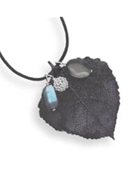 22" + 2" Extension Satin Cord Necklace with Gemstones and Gunmetal Plated Leaf