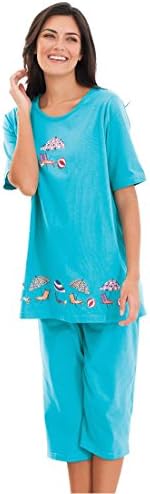 Dreams & Co. Women's Plus Size 2-Piece Pj Set . (Capri Blue Umbrella,L)