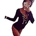 Blooming Jelly Women's Long Sleeve Lace Up Deep V Neck Short Bodysuit Playsuit