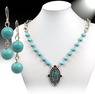 Womens Necklace, Catholic Jewelry, Religious Jewelry, Turquiose & Silver St. Mary Mother Mary Necklace Set -18" - 21" Long -Pendant (1.7" Long)