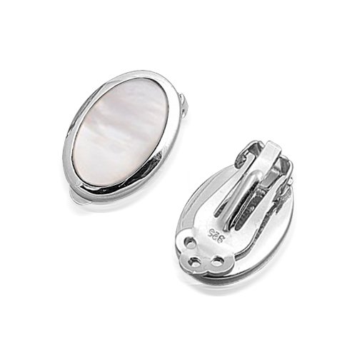 Bling Jewelry Sterling Silver Oval White Mother of Pearl Clip On Earrings