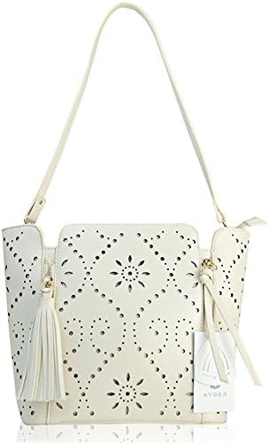Avber Womens Fashion Pure Color Casual Tassel Floral Pierced Shoulder Bag Crossbody Bag Beige