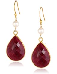 Faceted Gemstone Pear Shape Bezel with White Freshwater Cultured Pearl and Gold over Silver Ear Wire Drop Earrings