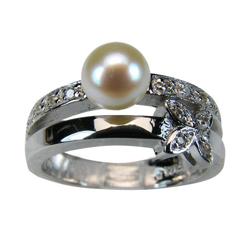 Cubic Zirconia Silver Butterfly Cultured Pearl Ring