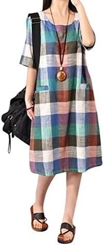 Modishou Women's Short Sleeve Plaid Cotton Linen Dress with Pockets 2XL