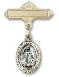 Gold Filled Baby Badge with Blue Miraculous Charm and Polished Badge Pin