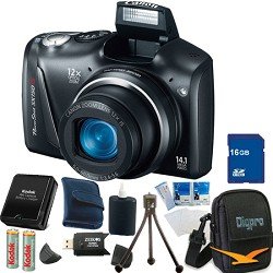 Canon PowerShot SX150 IS 14.1 MP Digital Camera with 12x Wide-Angle Optical Image Stabilized Zoom with 3.0-Inch LCD (Black) Super Bundle With 16GB SDHC memory card, Card Reader, DigPro Deluxe Camera Case, Camera & LCD Cleaning Kit, Table Tripod, Screen Pr
