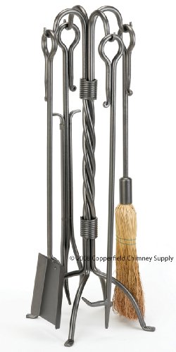 Woodfield Vintage Iron Natural Wrought Iron Tool Set with Extended Loop Handles for Fireplace