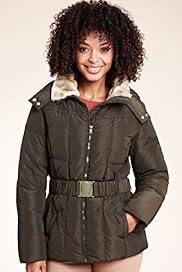 Faux Fur Shower Resistant Hooded Coat with Belt