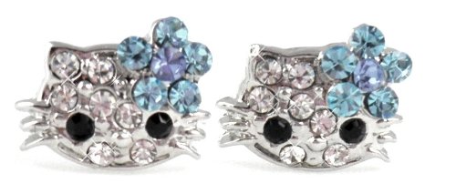 X-small 1/4" Kitty Stud Earrings w/ Blue Flower Bow