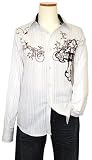 Apricottree White W/ Copper Lurex/Woven Pinstripes And Copper Embroidered Design With Velour Cross Design Long Sleeves Cotton Shirt