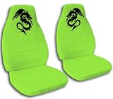 2000 VW Beetle with seperate headrests. 2 lime green seat covers with a black dragon