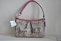 Coach HAC Khaki Pleated Sateen Top Handle Pouch with Fuchsia Leather 43530