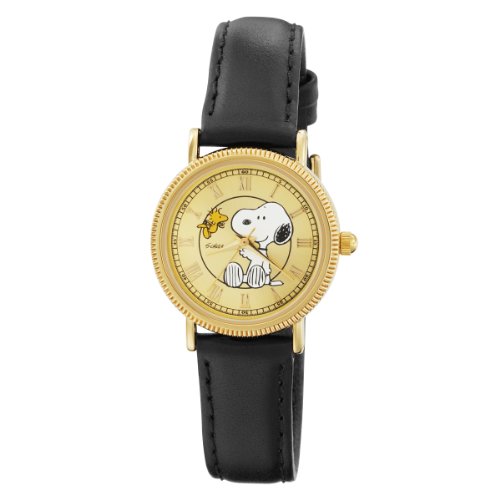 Armitron Women's 900281 Snoopy and Woodstock Black Leather Strap Watch