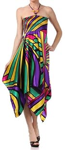 Multi-colored Striped Design Satin Feel Beaded Halter Smocked Bodice Handkerchief Hem Dress