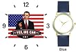Barack Obama Picture - Yes We Can - US Flag Background - President Barack Obama Commemorative - WATCHBUDDY&reg; DELUXE TWO-TONE THEME WATCH - Arabic Numbers - Blue Leather Strap-Size-Children's Size-Small ( Boy's Size & Girl's Size )