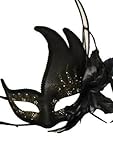 Halloween Venetian Mask Glitter Black Feather Women