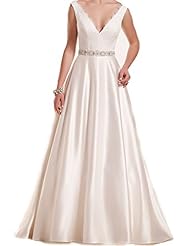 A-line V-neck Sleeveless  Backless Vintage Beaded Crystal Satin Wedding Dress  with a Brush/Sweep Train  With a Sash  and Ruffles