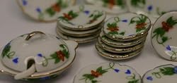 Porcelain Dinner Set in Blue, Green, Red Floral Dollhouse Miniature