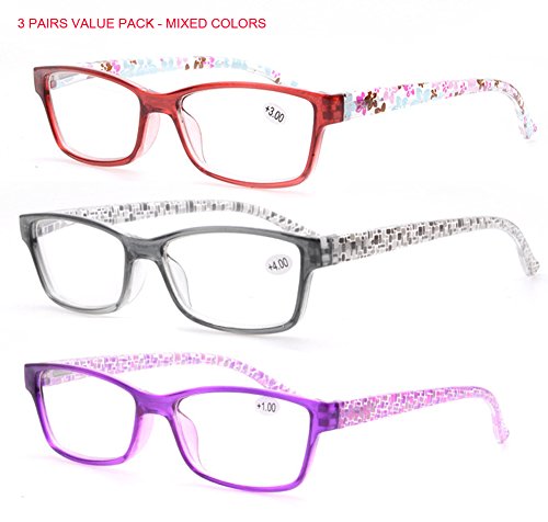 SOOLALA 3 Pairs of Patterned Readers Ladies' Quality Spring Hinge Reading Glasses with Pouch, 4.0x