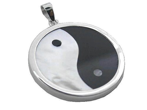 Onyx and Mother Of Pearl Ying-Yang Pendant, 925 Sterling Silver